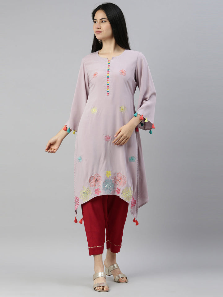 Neerus Grey Viscose Rayon Thread Embroidered A-Line Kurti - front view
