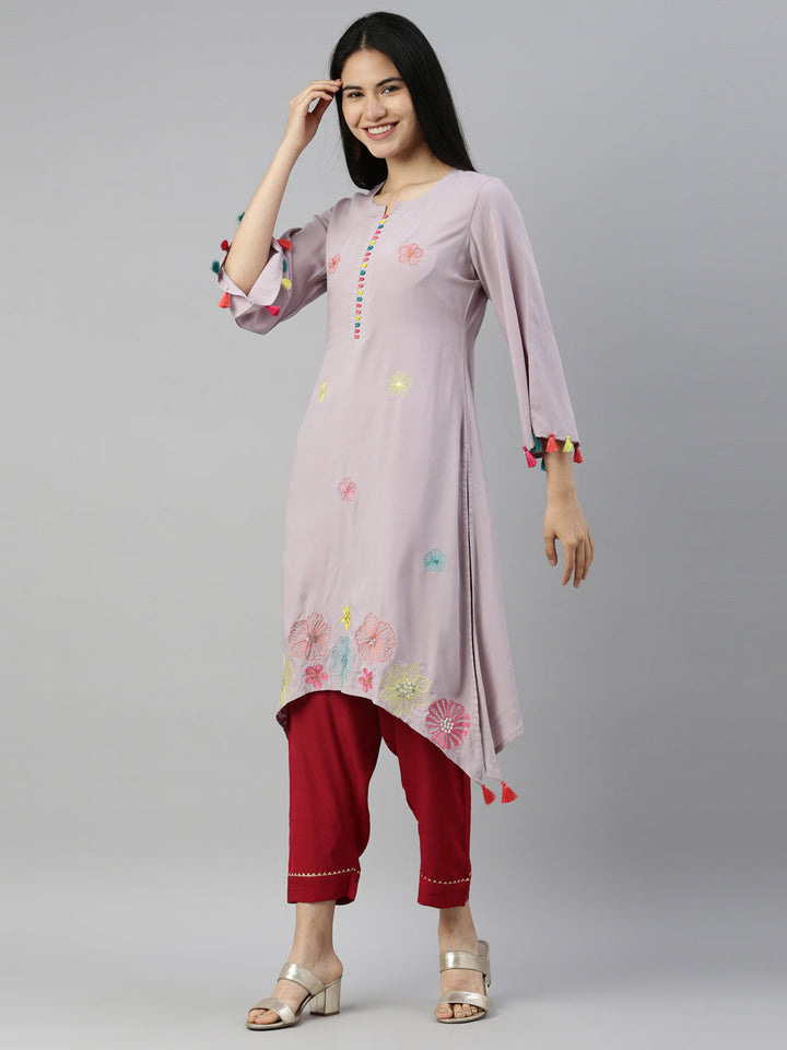 Neerus Grey Viscose Rayon Thread Embroidered A-Line Kurti - side view