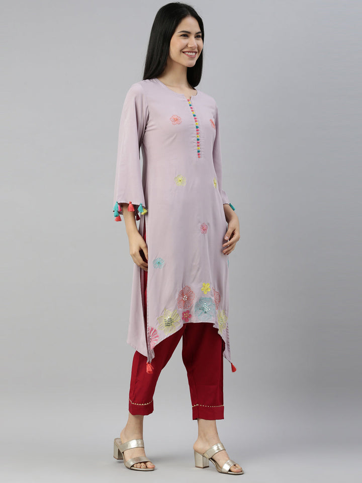 Neerus Grey Viscose Rayon Thread Embroidered A-Line Kurti - detail view 1