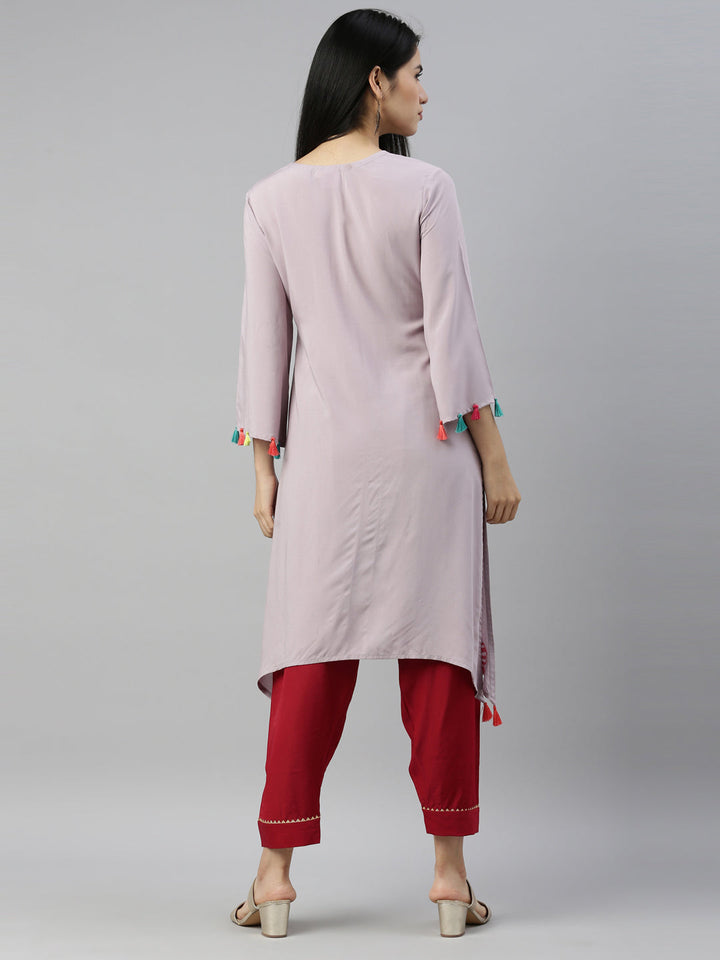 Neerus Grey Viscose Rayon Thread Embroidered A-Line Kurti - detail view 2
