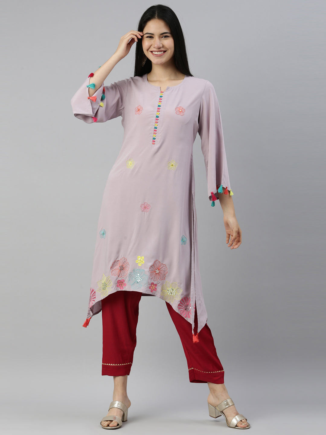 Neerus Grey Viscose Rayon Thread Embroidered A-Line Kurti - detail view 3