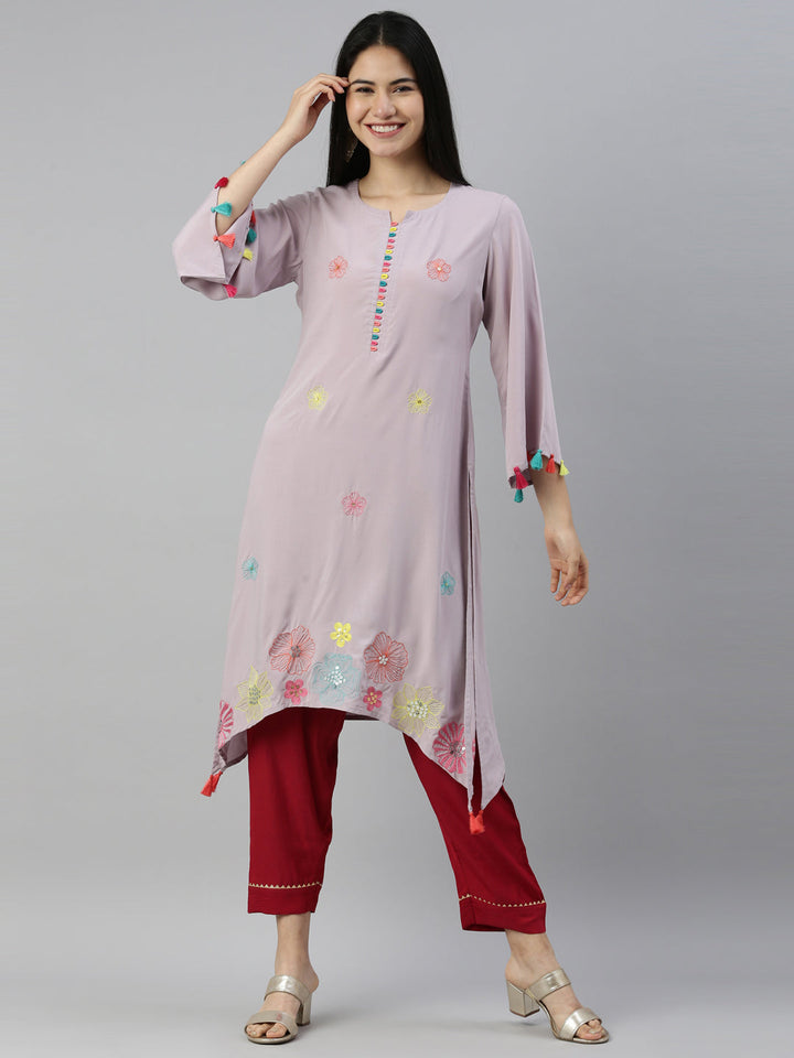 Neerus Grey Viscose Rayon Thread Embroidered A-Line Kurti - detail view 3