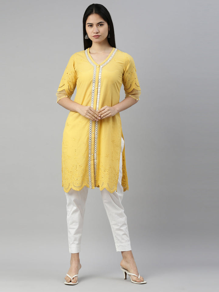 Neerus Yellow cotton mirror work kurta straight cut - detail view 3