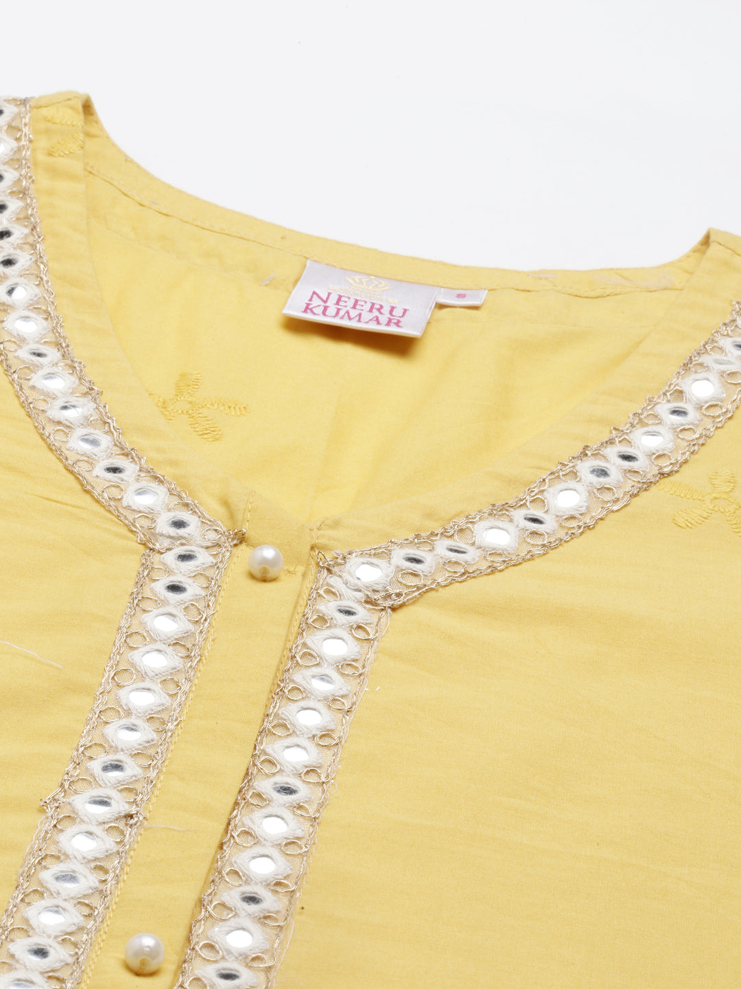 Neerus Yellow cotton mirror work kurta straight cut - detail view 4