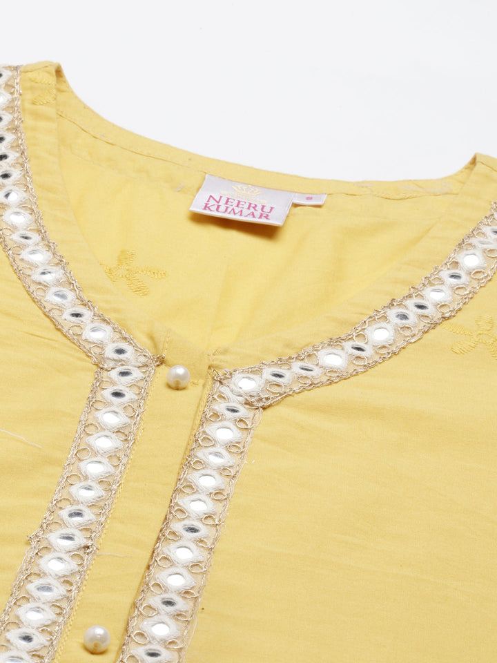 Neerus Yellow cotton mirror work kurta straight cut - detail view 4