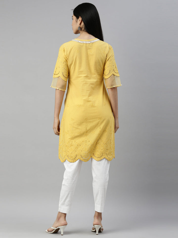 Neerus Yellow cotton mirror work kurta straight cut - detail view 1