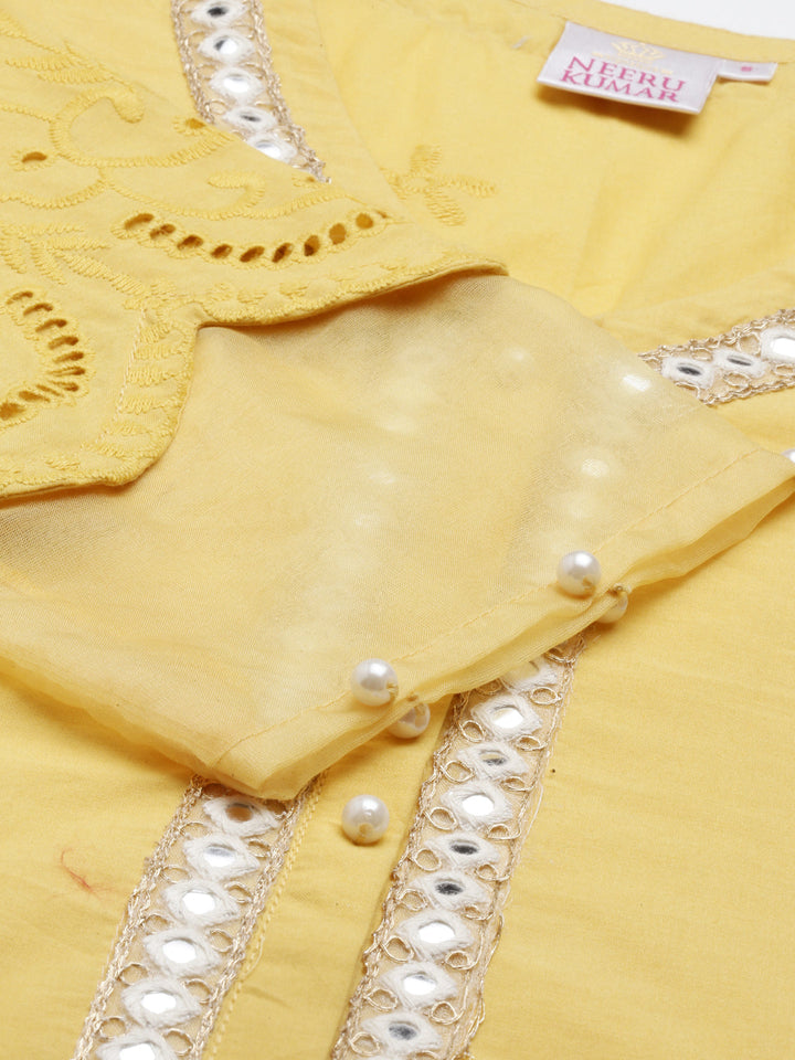 Neerus Yellow cotton mirror work kurta straight cut - detail view 5