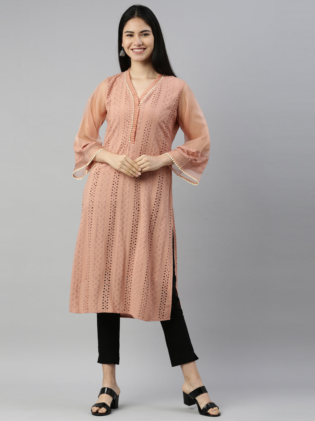 Neerus Pink cotton chikankari kurti - front view