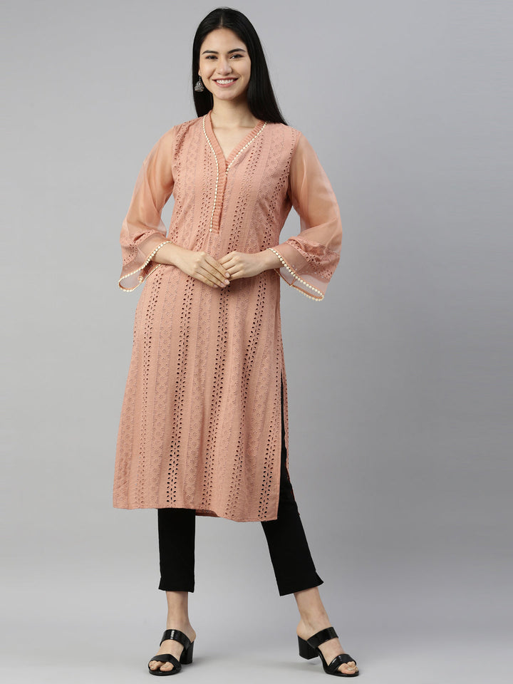 Neerus Pink cotton chikankari kurti - front view