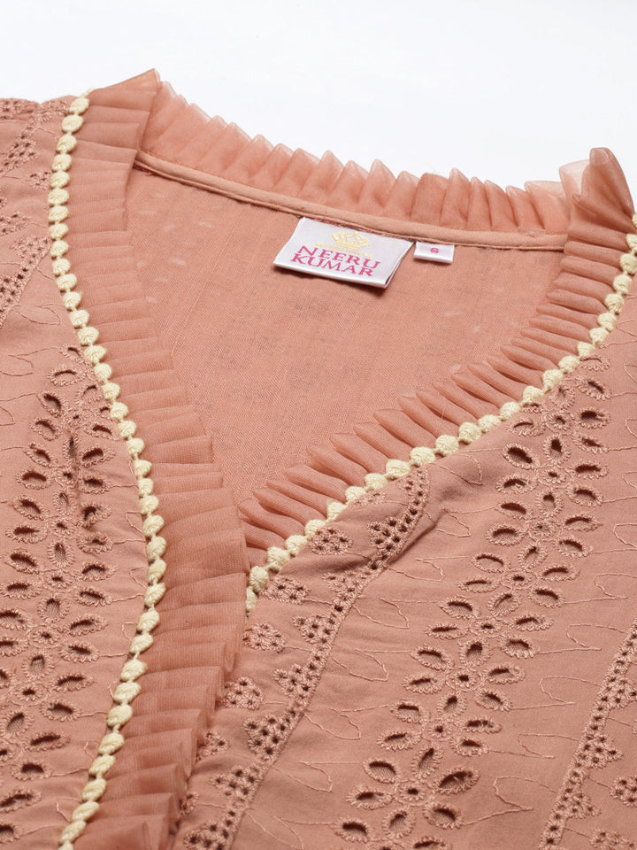 Neerus Pink cotton chikankari kurti - back view