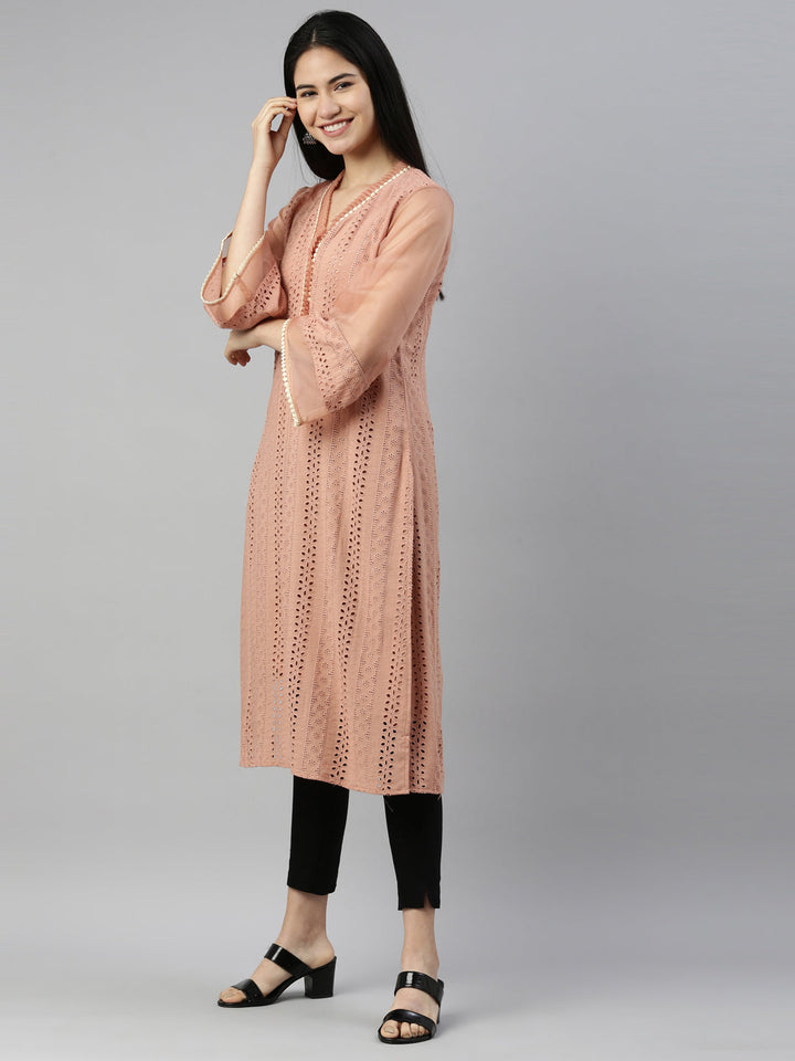 Neerus Pink cotton chikankari kurti - side view