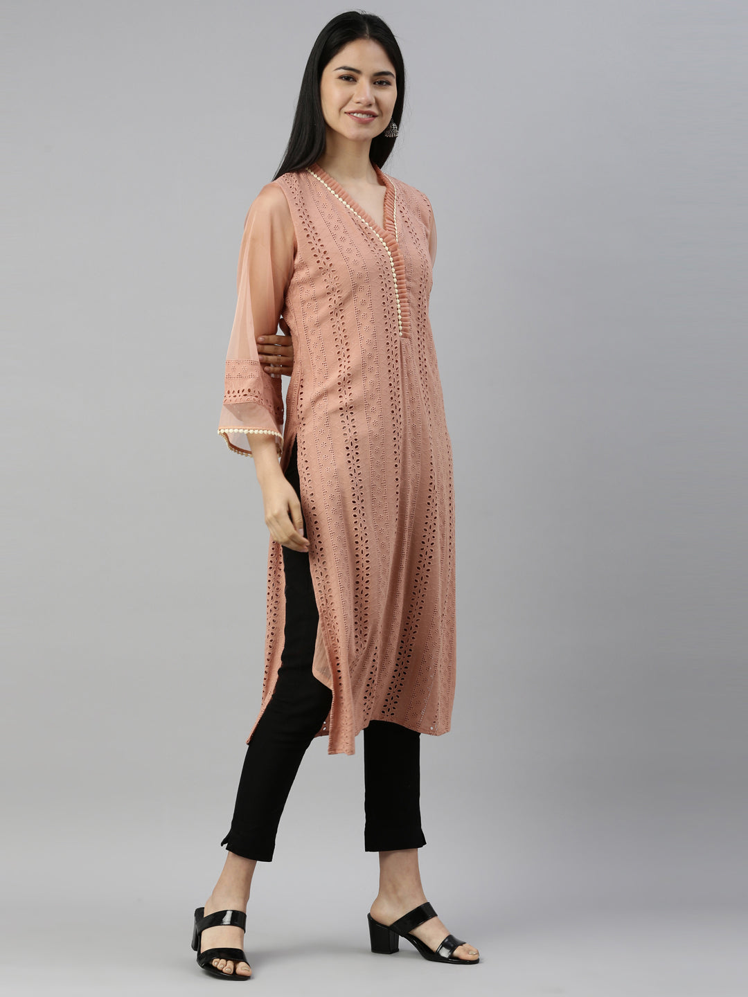 Neerus Pink cotton chikankari kurti - detail view 1
