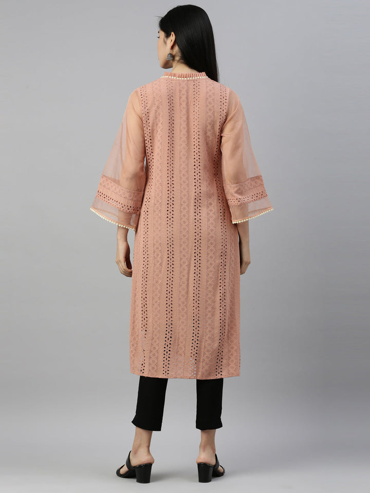 Neerus Pink cotton chikankari kurti - detail view 2