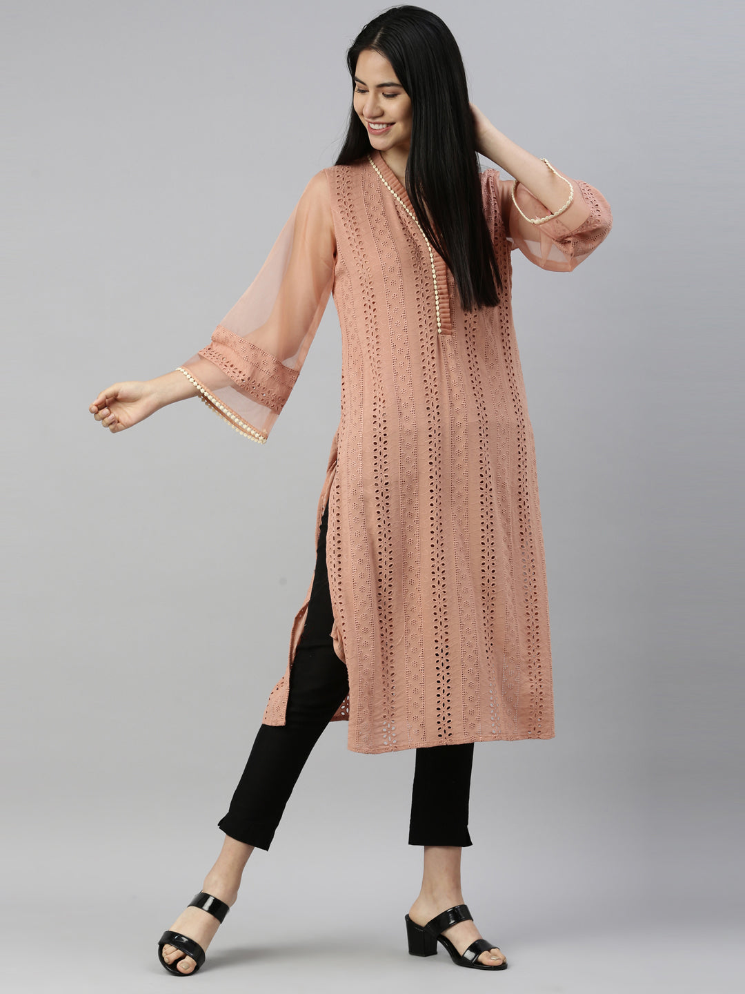 Neerus Pink cotton chikankari kurti - detail view 3