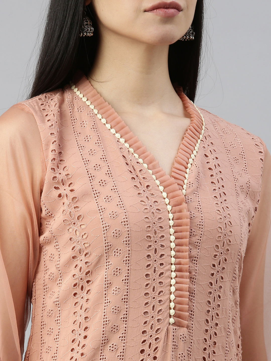 Neerus Pink cotton chikankari kurti - detail view 5