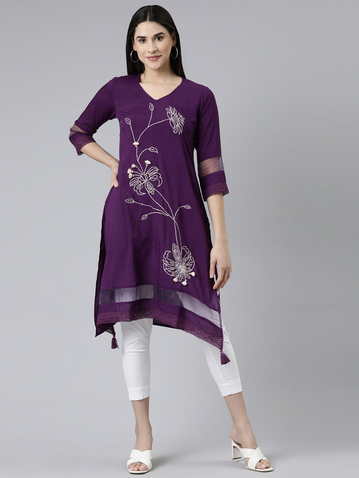 Neerus Purple cotton embroidered A-line kurti - front view