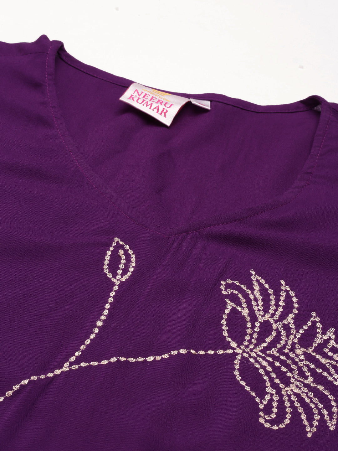 Neerus Purple cotton embroidered A-line kurti - detail view 3