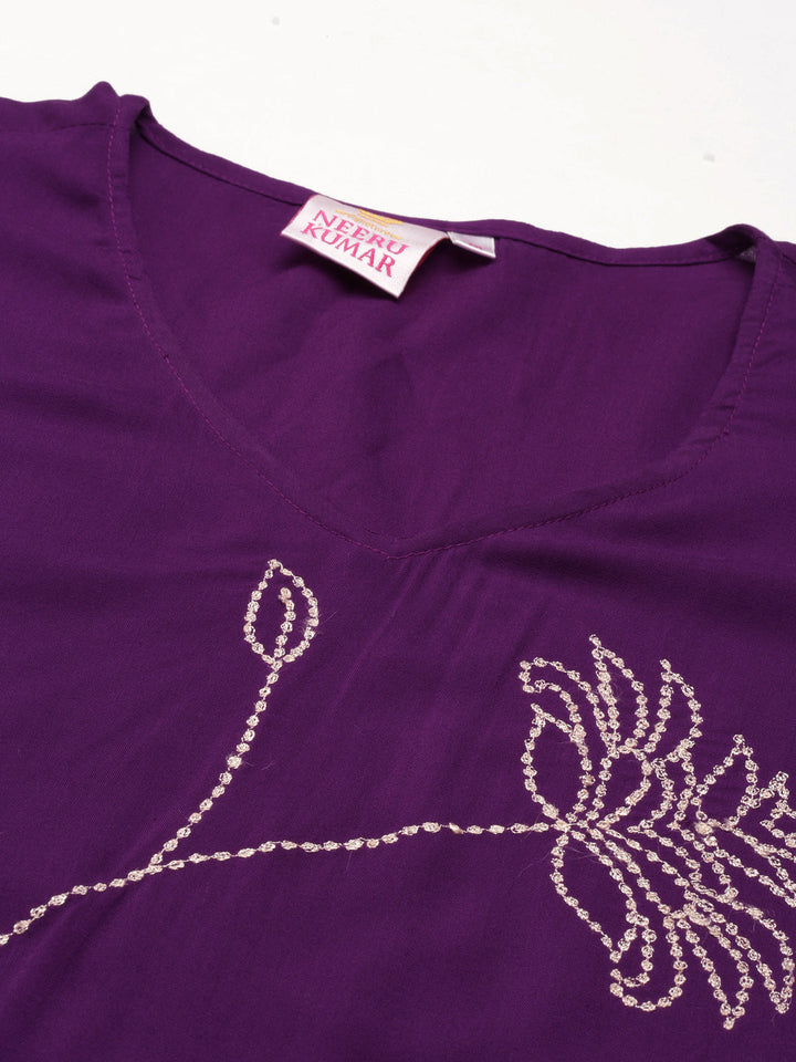 Neerus Purple cotton embroidered A-line kurti - detail view 3