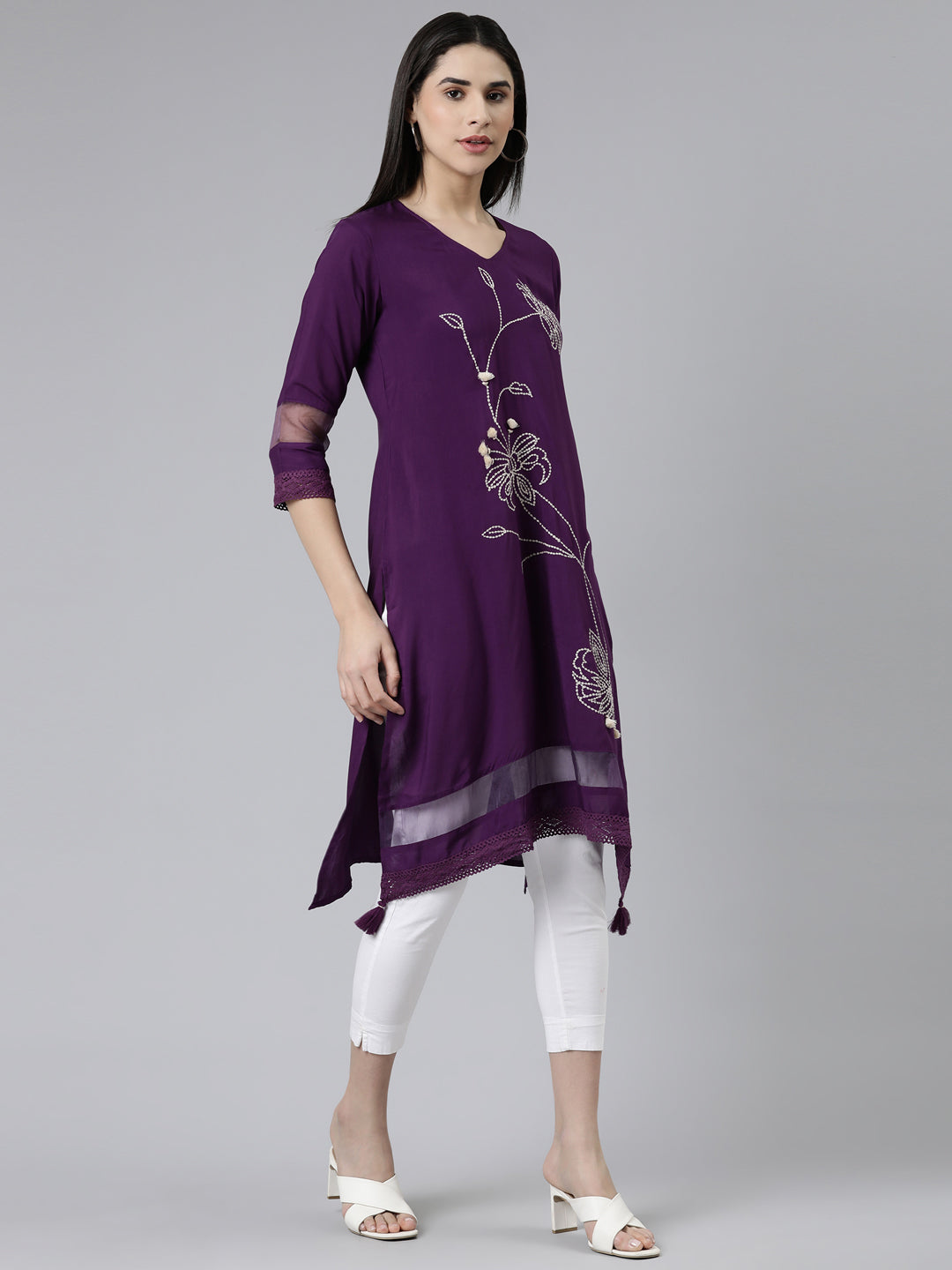 Neerus Purple cotton embroidered A-line kurti - back view