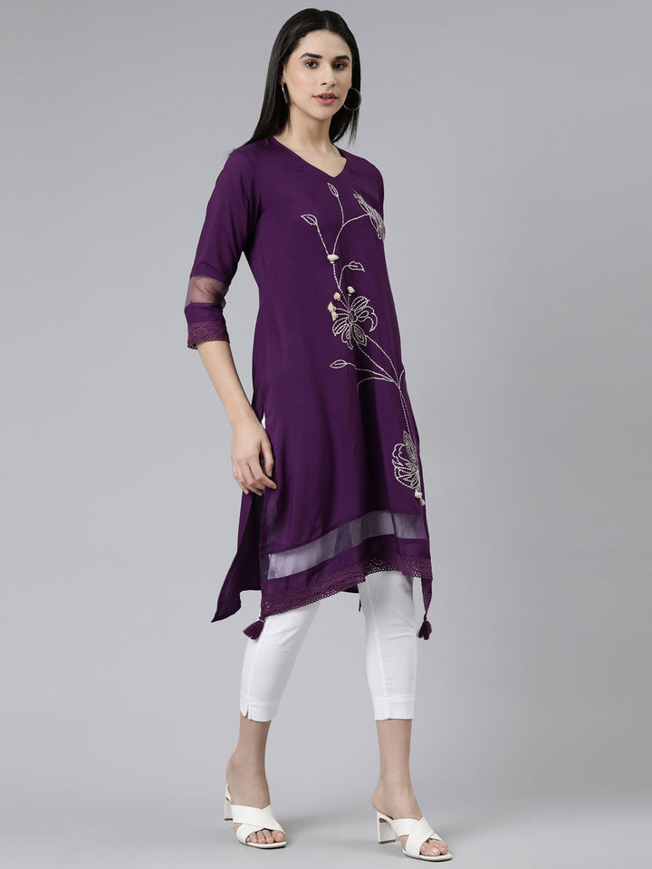 Neerus Purple cotton embroidered A-line kurti - back view