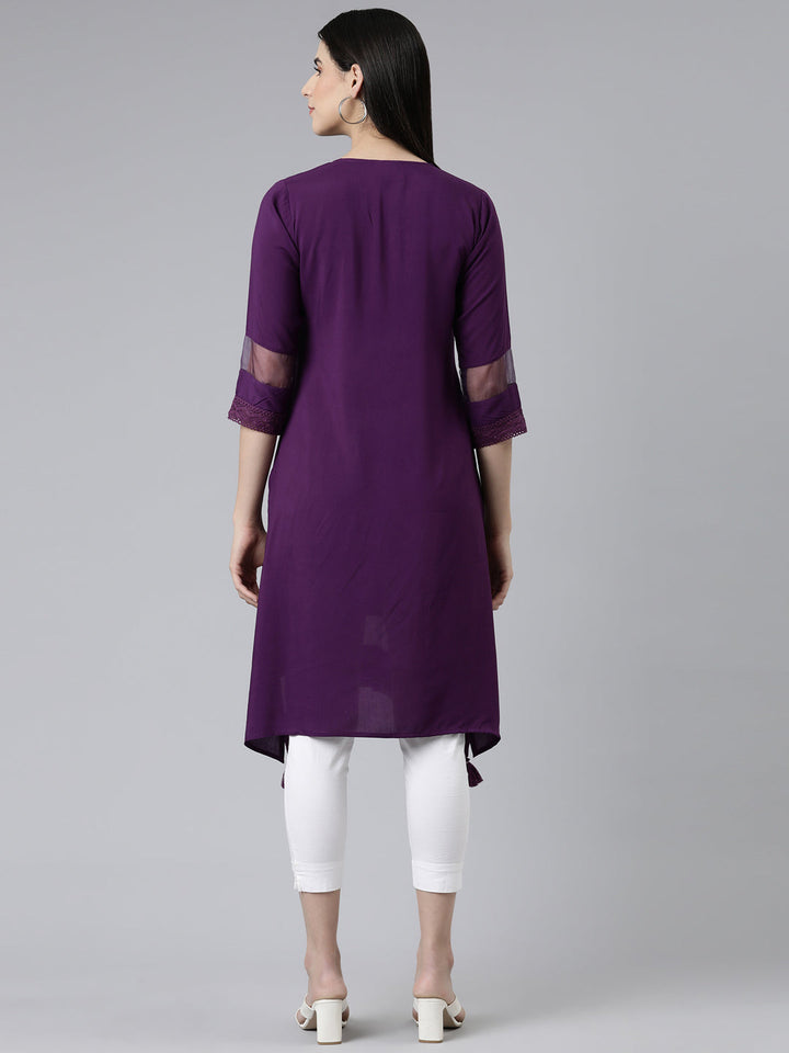 Neerus Purple cotton embroidered A-line kurti - side view