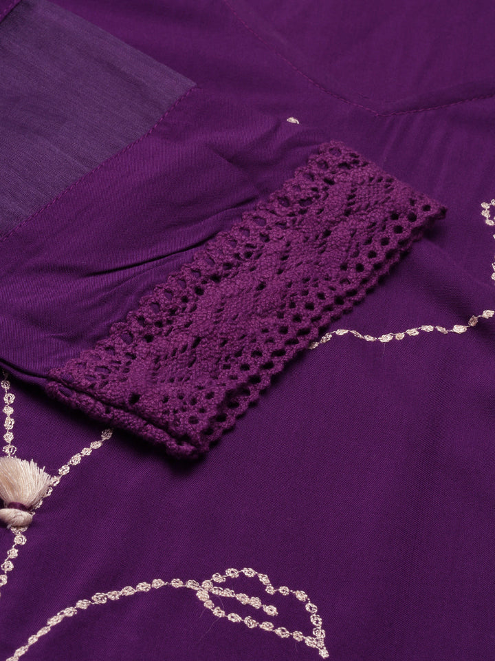 Neerus Purple cotton embroidered A-line kurti - detail view 2