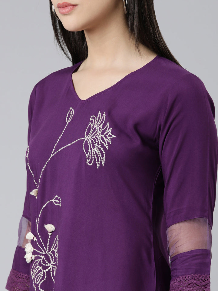 Neerus Purple cotton embroidered A-line kurti - detail view 1