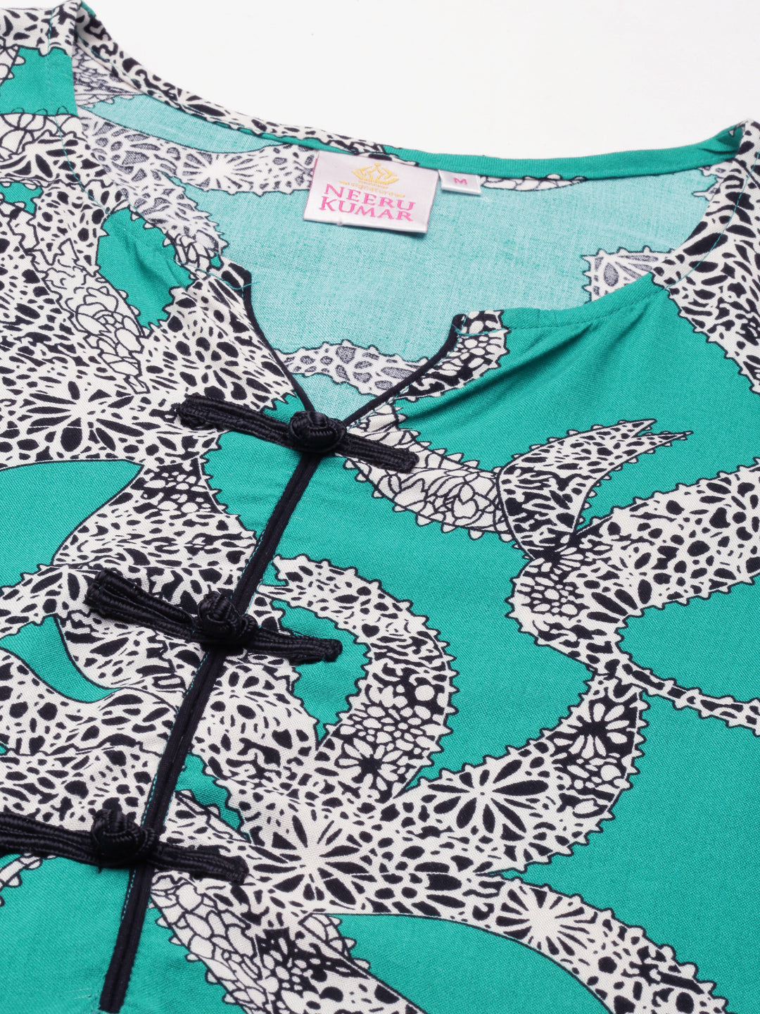 Neerus Green cotton printed curved kurti - detail view 3