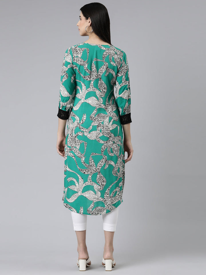 Neerus Green cotton printed curved kurti - side view