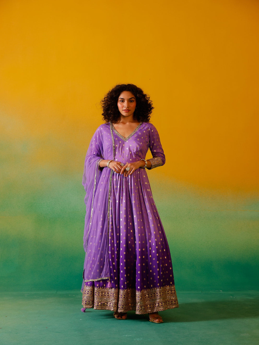 Neerus Purple Banarasi embroidered anarkali suit set - front view