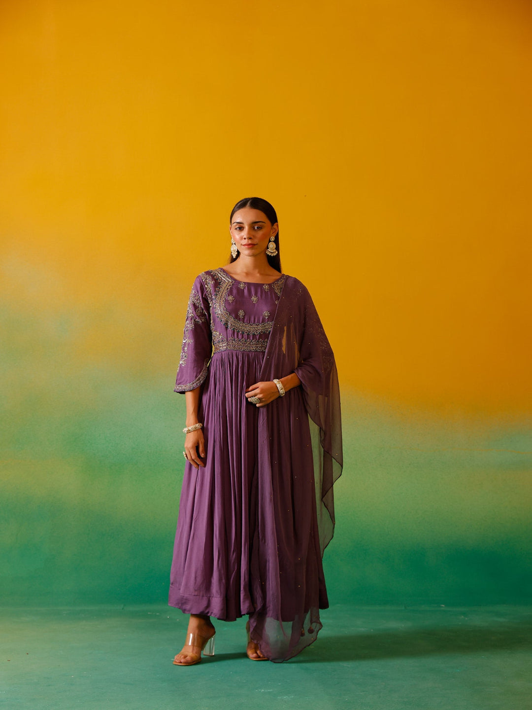Neerus Purple chinon embroidered anarkali with dupatta - front view