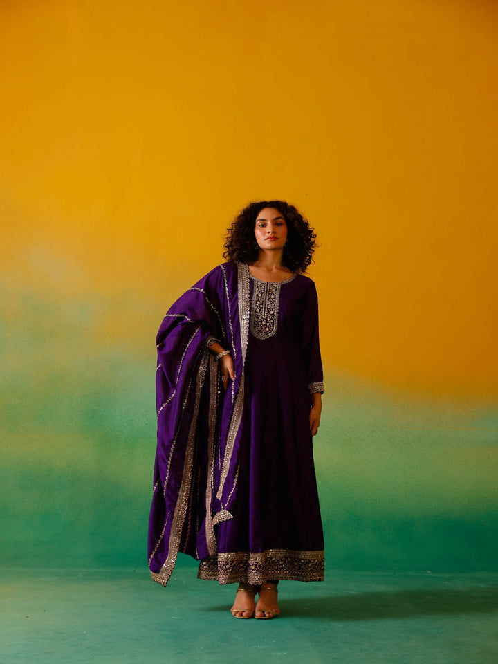 Neerus Purple silk embroidered anarkali suit set - front view