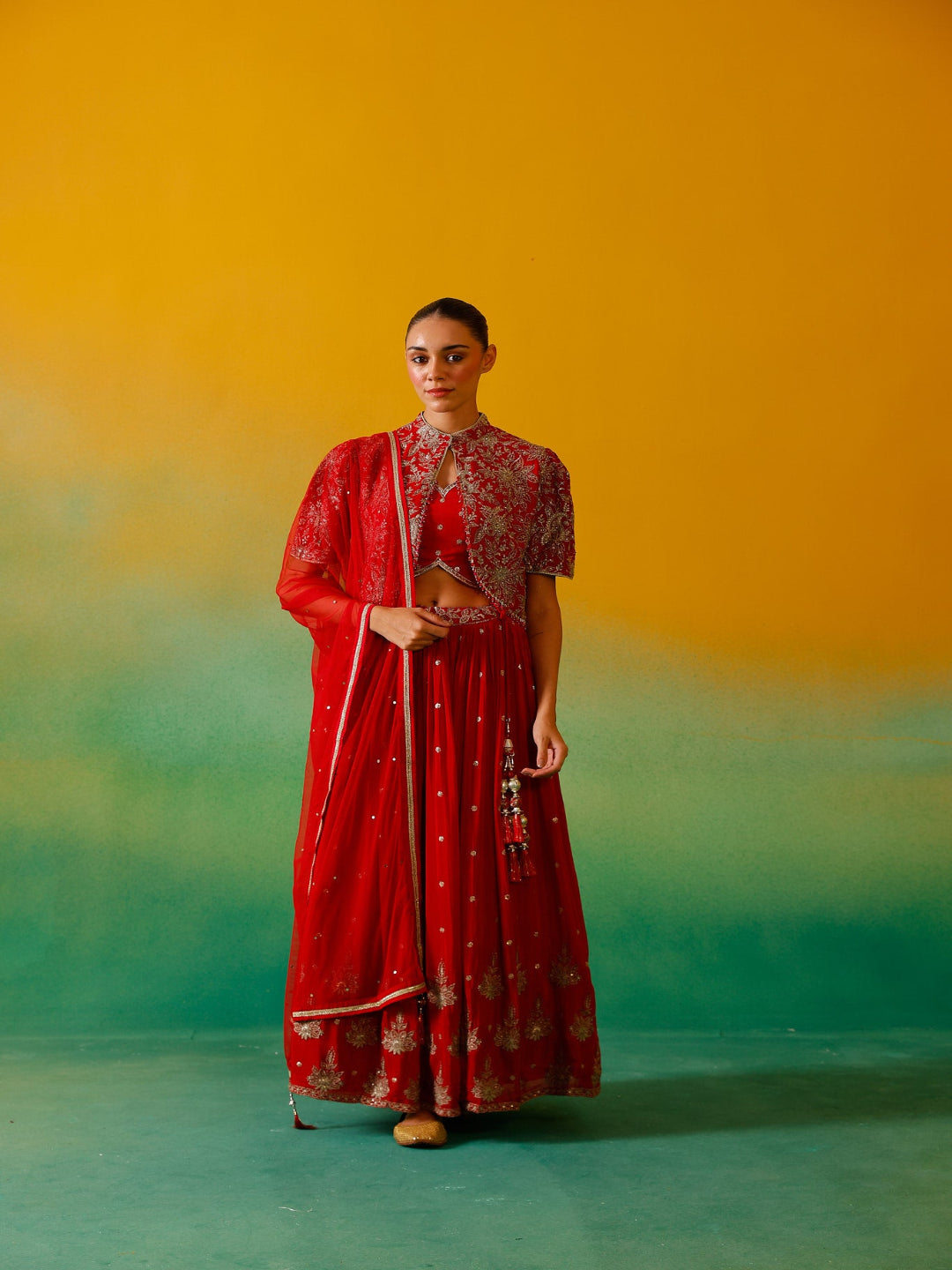 Neerus Red Chinon Embroidered Lehenga Set - front view