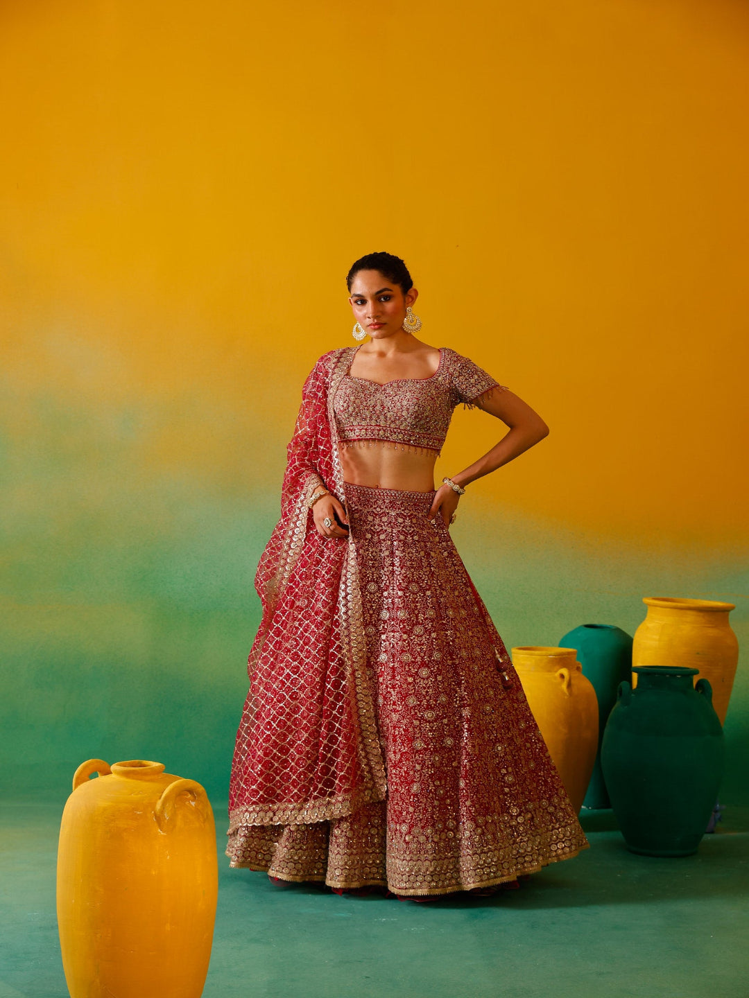 Neerus Pink net embroidered lehenga set - front view