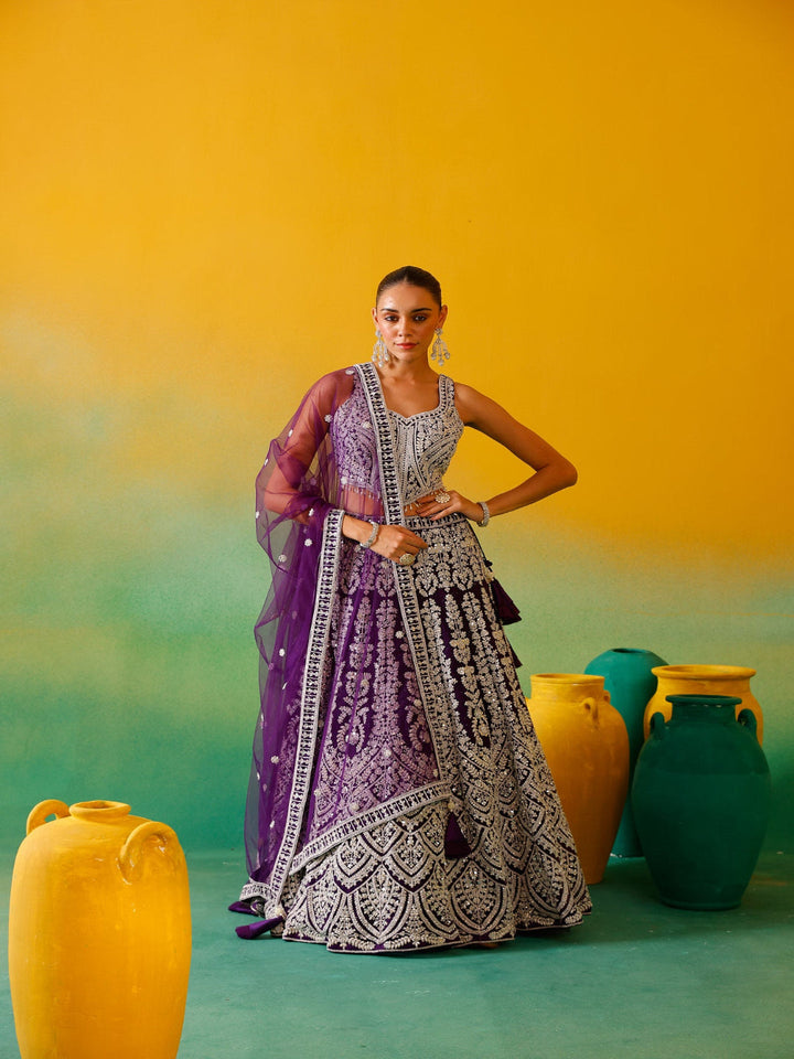 Neerus Purple net embroidered lehenga set - front view