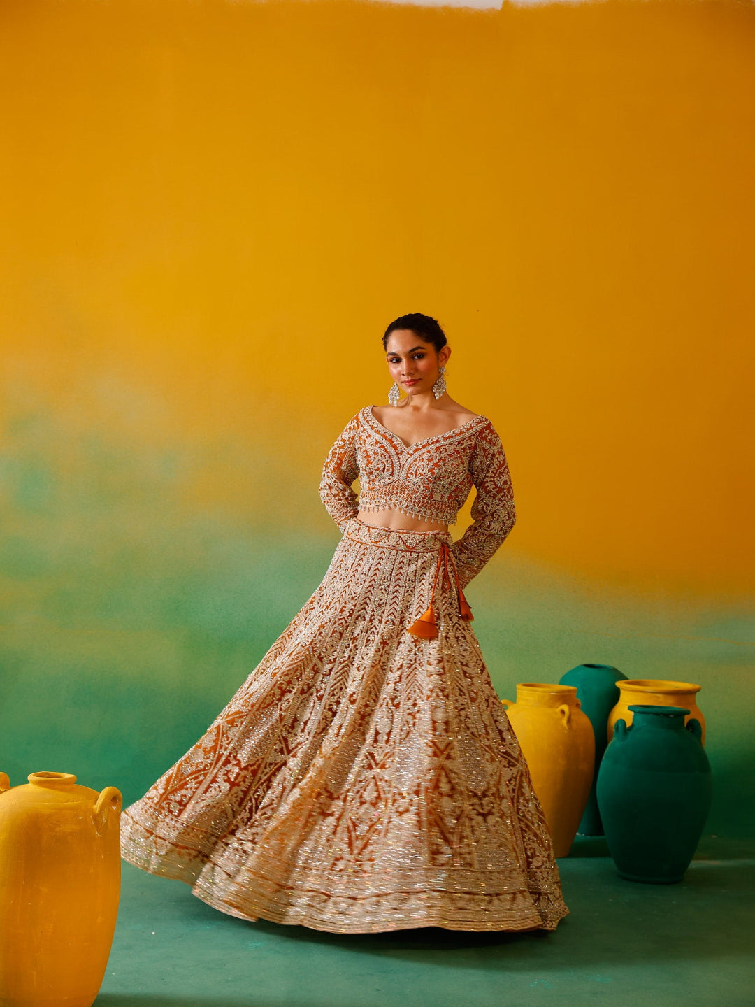 Neerus Yellow net embroidered lehenga set - front view