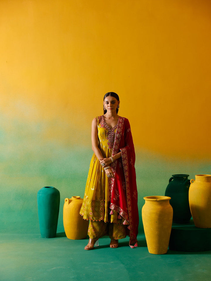 Neerus Green Embroidery Organza Fabric Anarkali Plazzo and Dupatta.