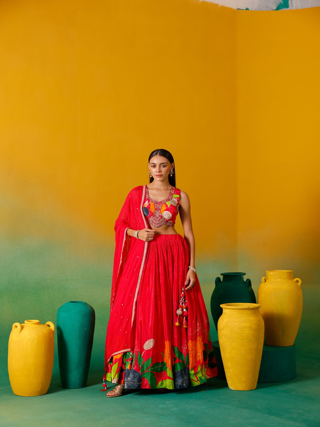 Neerus Pink chinon embroidered lehenga set - front view