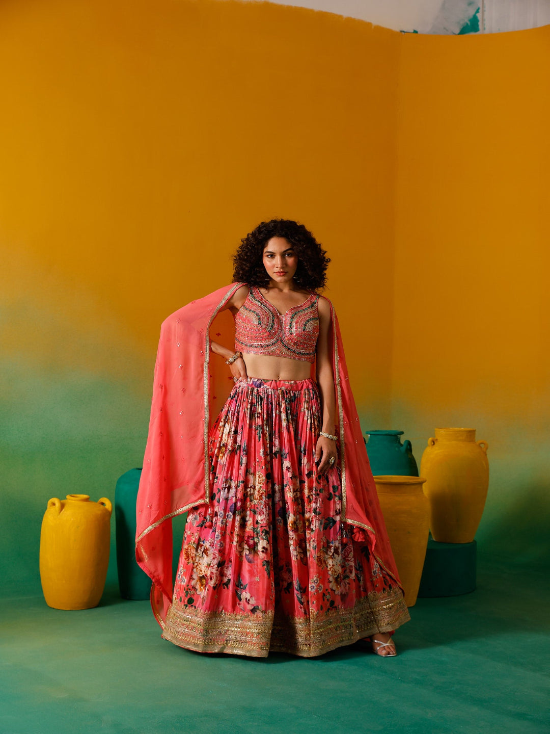 Neerus Pink crepe embroidered lehenga set - front view