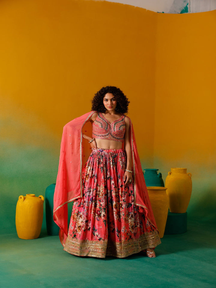 Neerus Pink crepe embroidered lehenga set - front view