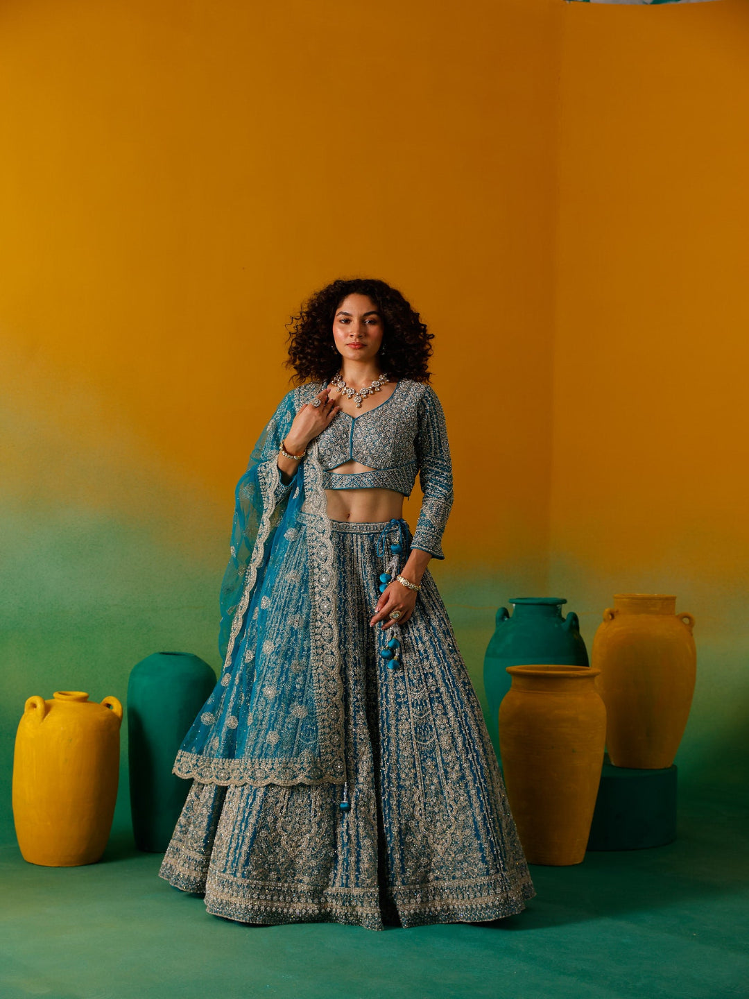 Neerus Green net embroidered lehenga set - front view