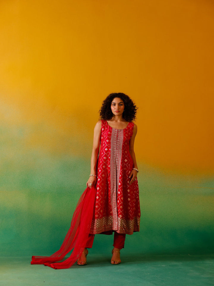 Neerus Pink Banarasi embroidered anarkali suit set - front view