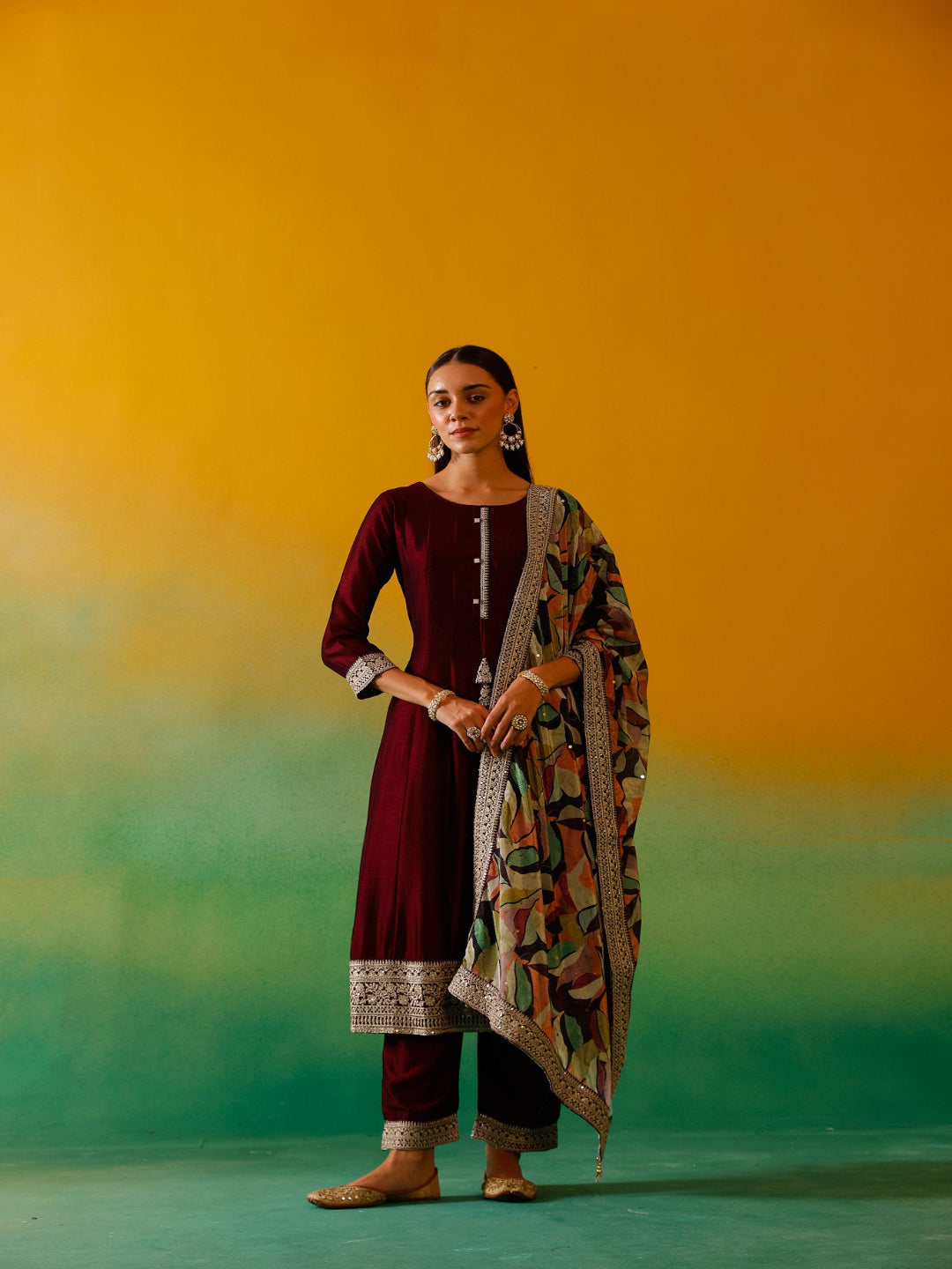 Neerus Maroon silk embroidered Anarkali suit set - front view