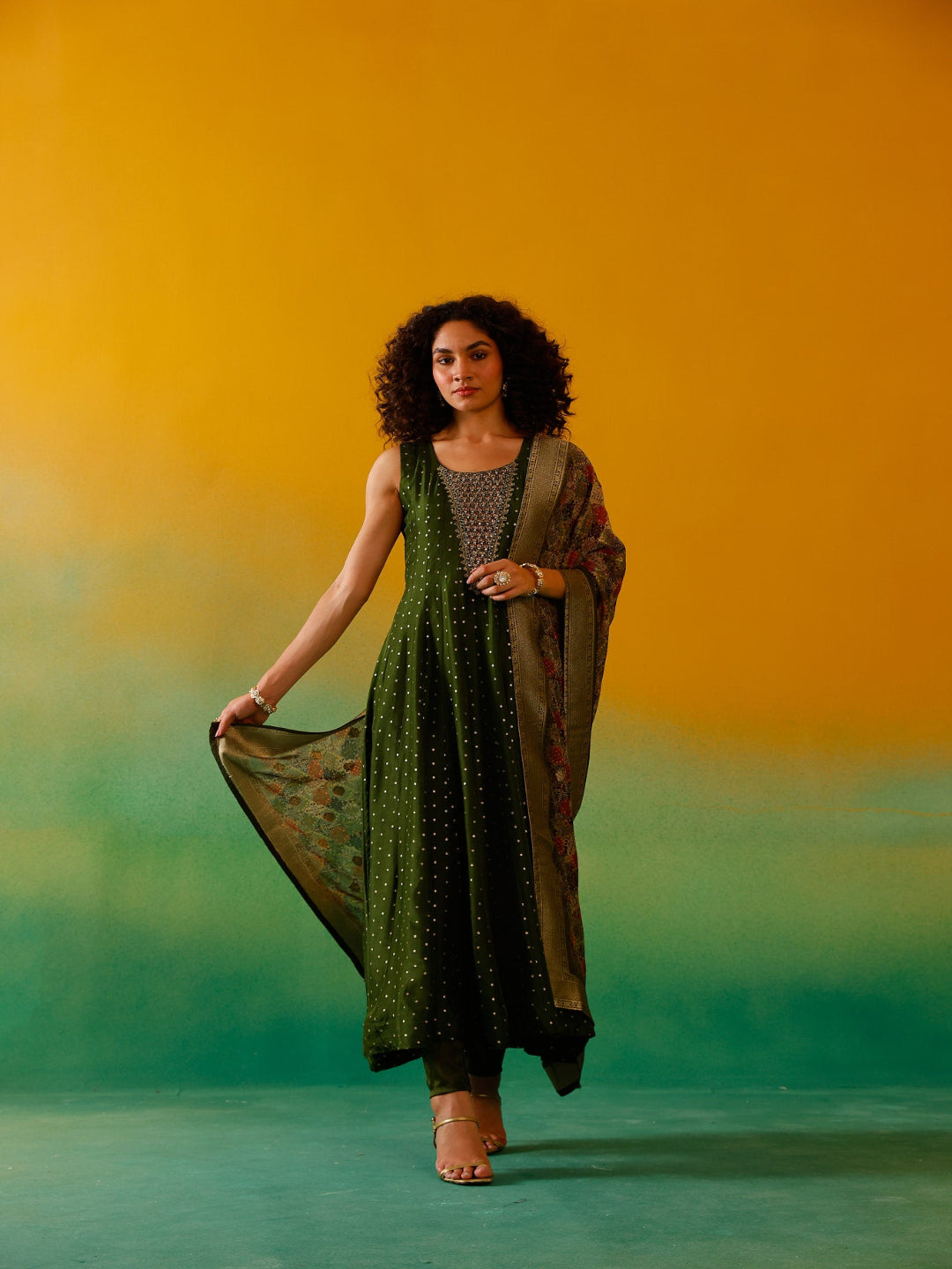 Neerus Green Chinon Embroidered Anarkali Suit Set - front view