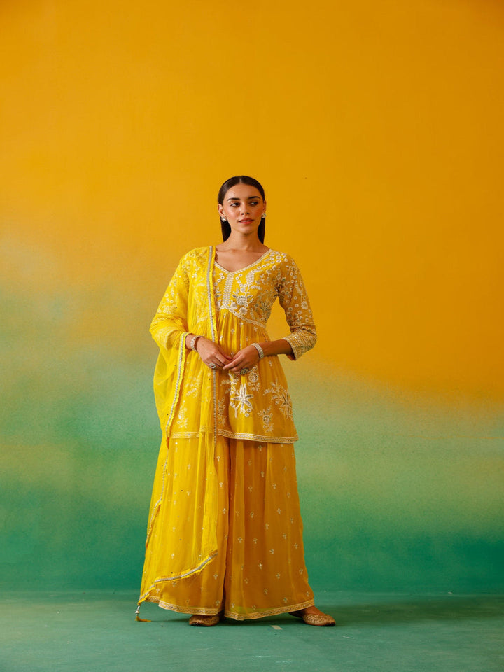 Neerus Yellow Georgette Embroidered Co-Ord Set - front view
