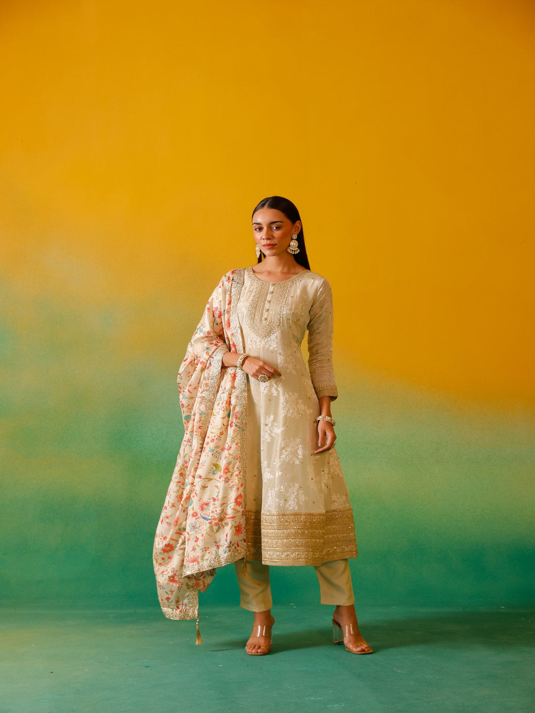 Neerus Beige tissue embroidered anarkali suit set - front view