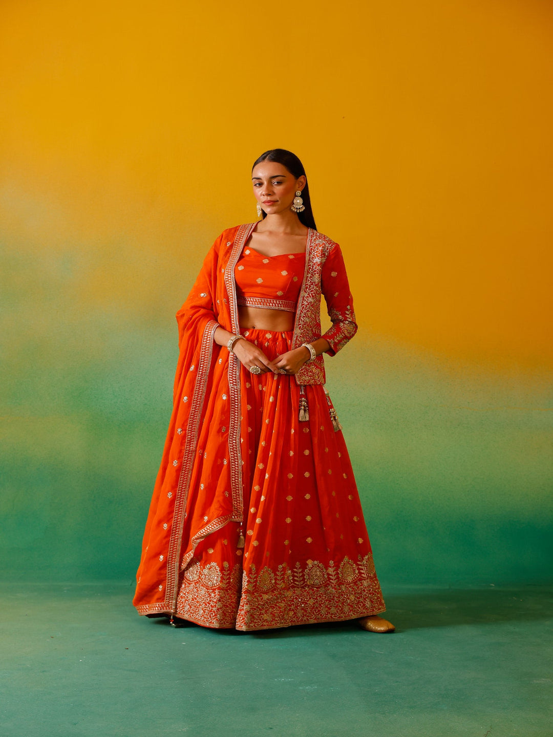 Neerus Orange organza embroidered lehenga ghagra set - front view