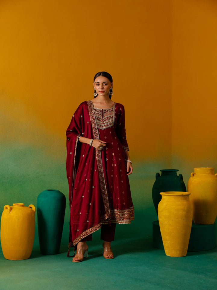 Neerus Pink silk embroidered Anarkali suit set - front view