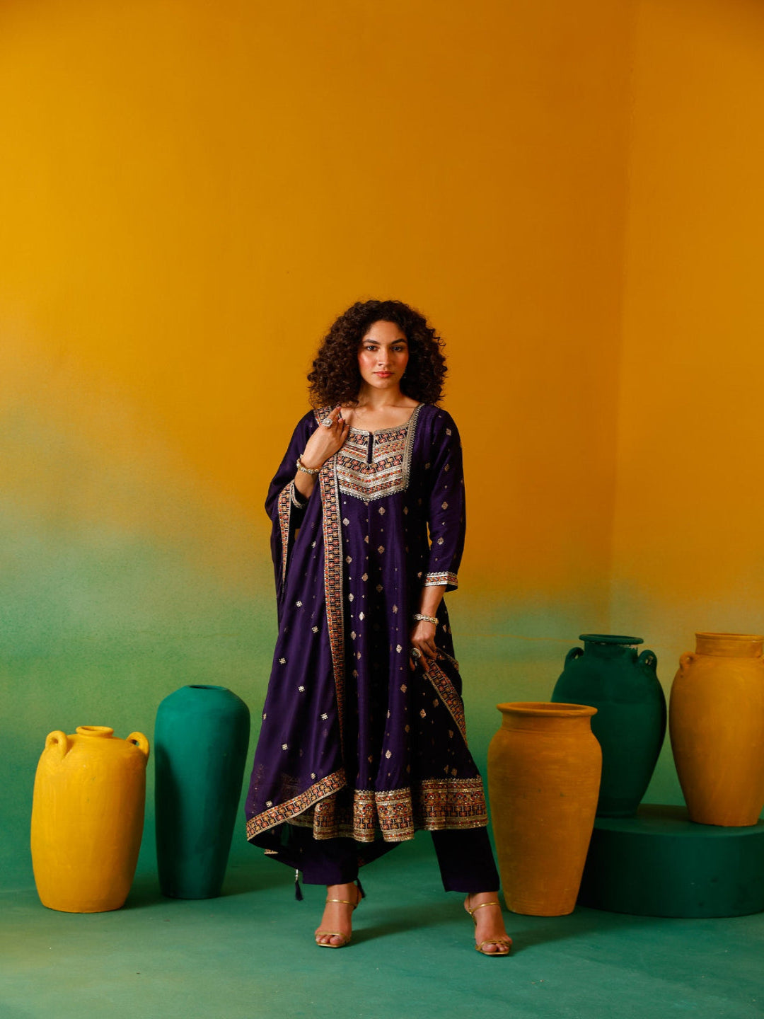 Neerus Purple silk embroidered anarkali suit set - front view