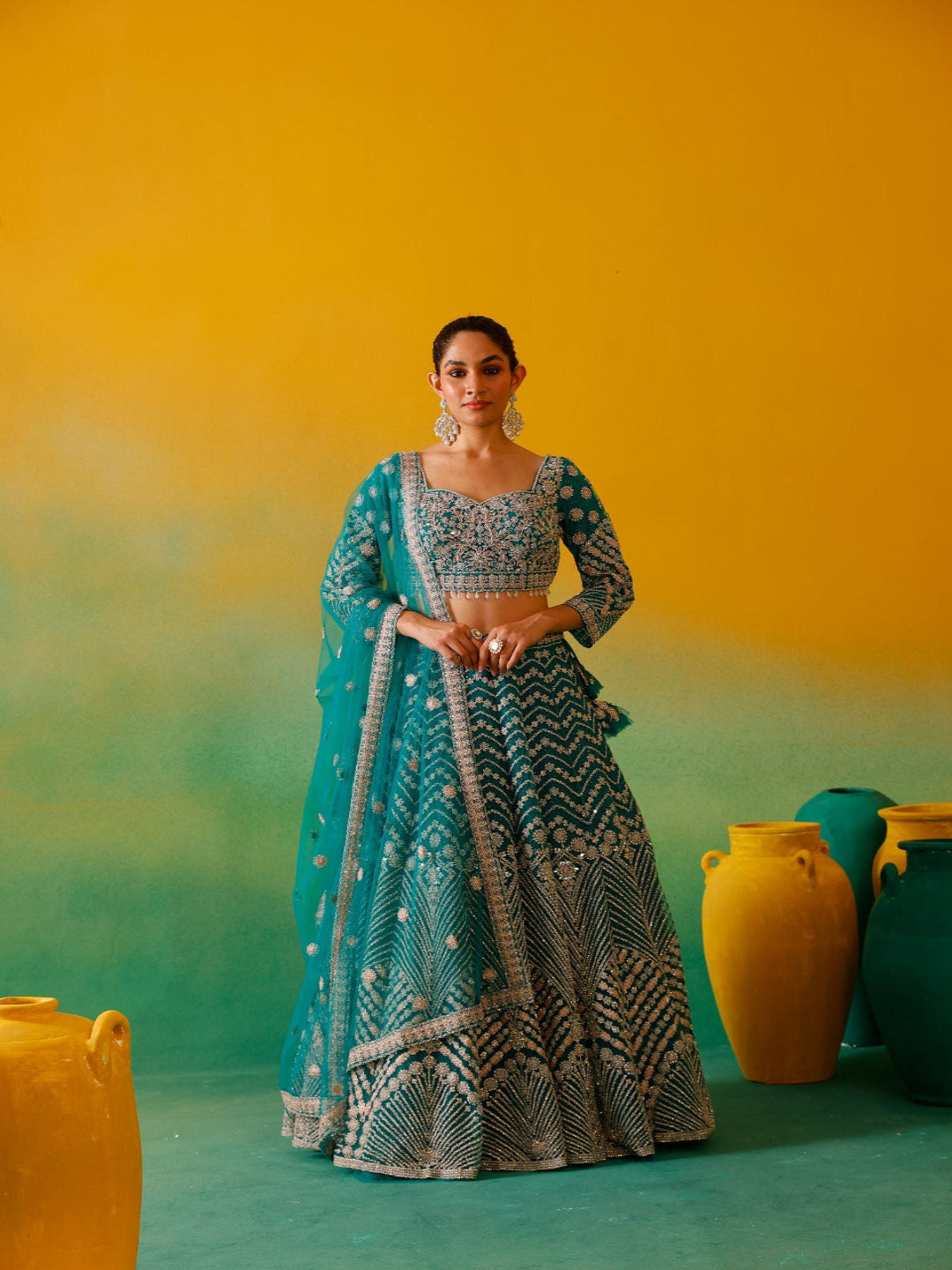Neerus Green net embroidered lehenga set - front view